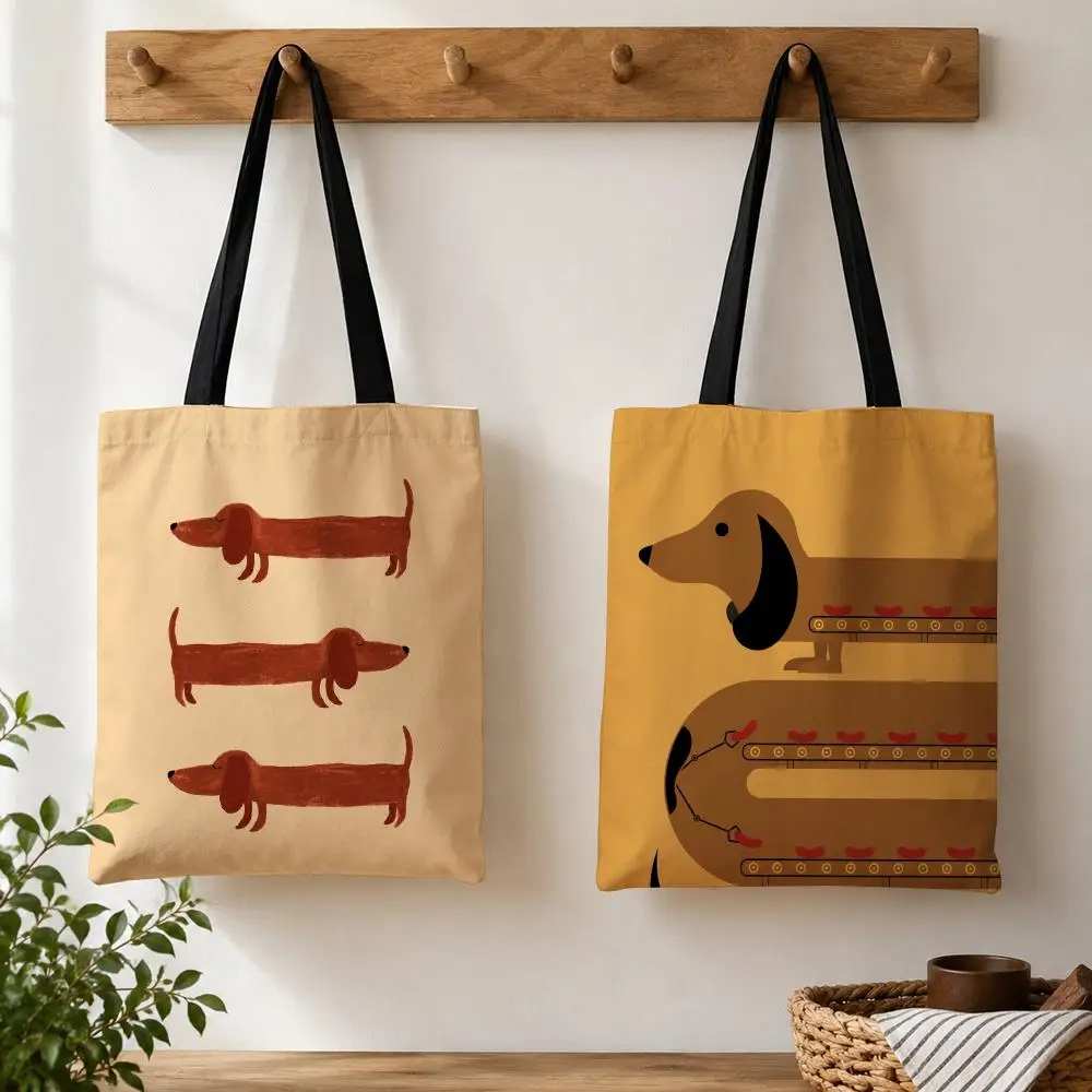 Cartoon Dachshund Dog Storage Bags Large Capacity Canvas Tote Bag Double Sided Print Shoulder Handbag Daily Shopping