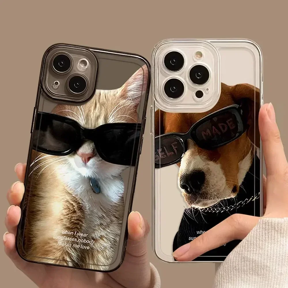 Funny Sunglasses Cat Dog Couples Phone Case for IPhone 16 15 14 13 Pro Max Soft Covers for 12 11 PRO MAX X XS 8Plus Clear Fundas