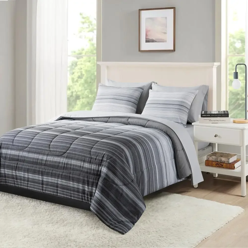 Grey Ombre Stripe Reversible Bed-in-a-Bag Set with Comforter and Sheets King Size Soft Polyester Trendy Design Easy Care 7 Piece