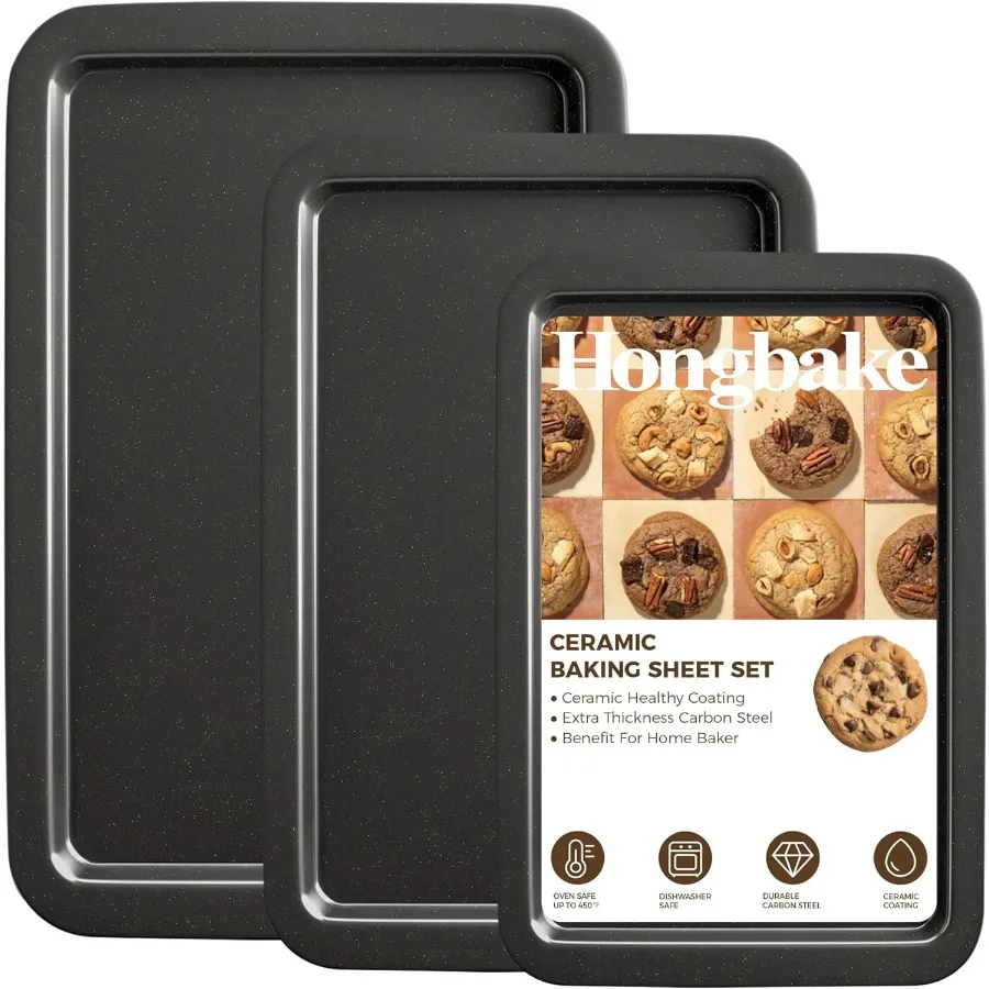 

Ceramic Baking Sheet Pan Set for Oven Baking Includes 3 Half Jelly Roll Quarter Trays with Wider Ergonomic Grips Premium NonSti