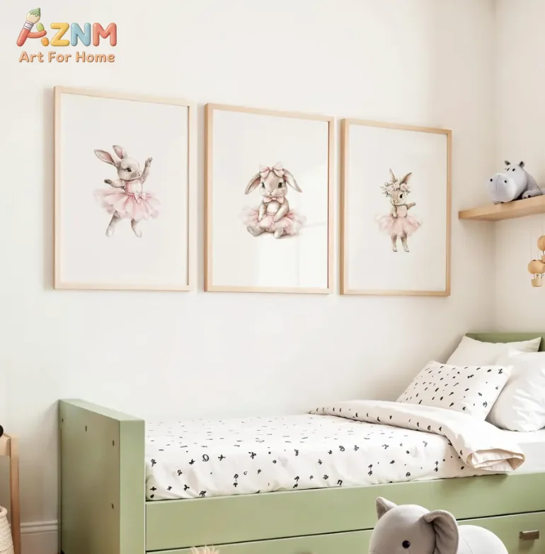 AZNM Watercolor Ballerina Bunny Canvas Wall Art, Pink Tutu Rabbit Print, Girls Nursery Room Decor, Unframed