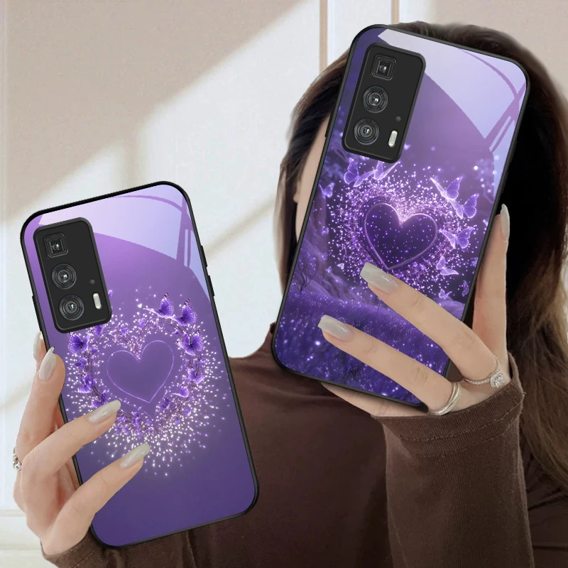 

Butterfly Purple Heart For Motorola Moto Edge 20 Lite 30 Pro 40 Neo 50 Ultra G14 G22 G24 Power 34 G35 X30 Pro Glass Phone Case