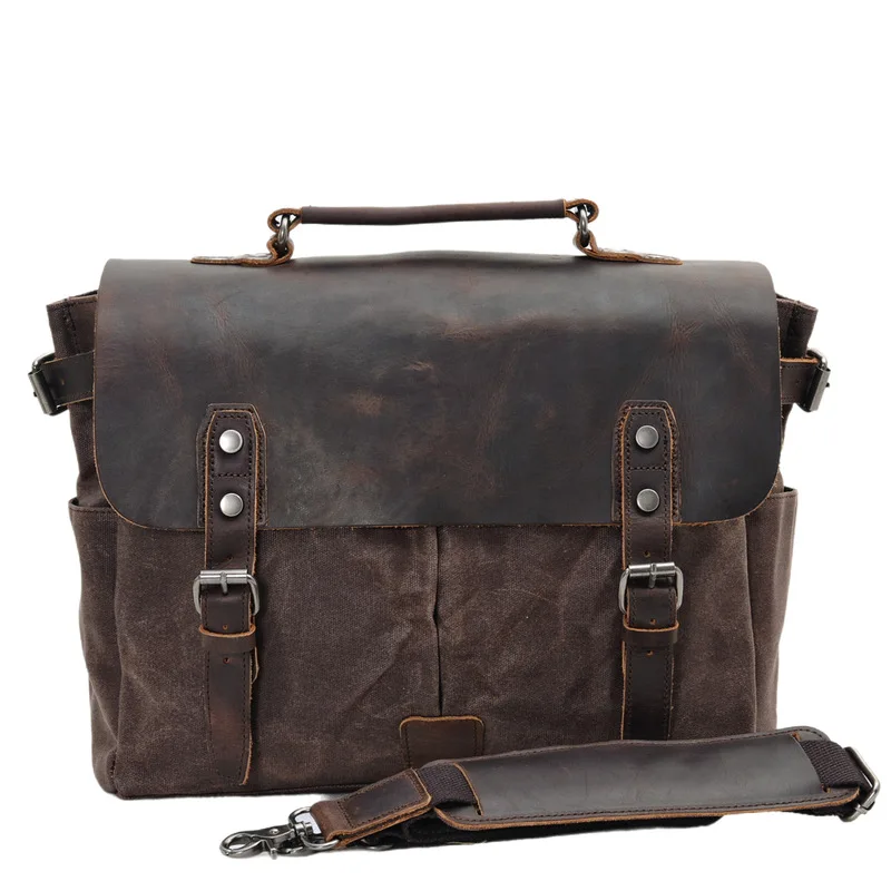 Retro Oil Wax Canvas With Wild Horse Leather Briefcase For American European Men Retro Crossbody Shoulder bag Leather handbag