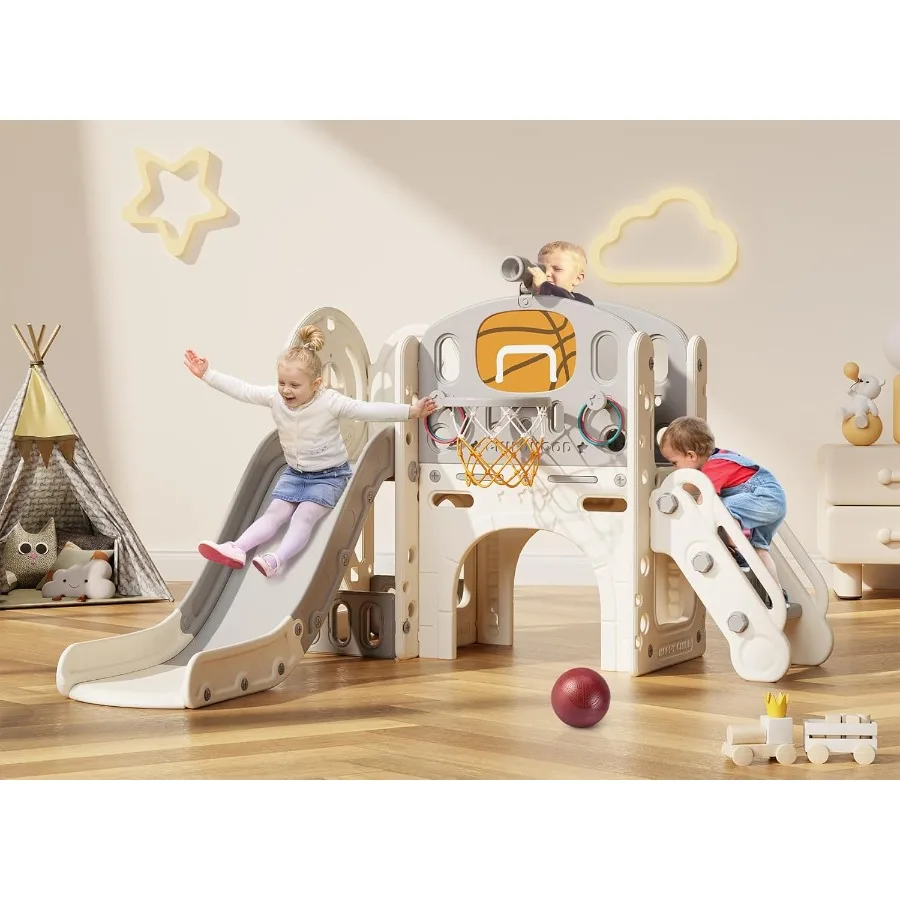 9 in 1 Toddler Slide Kid Slide for Toddlers Age 13 with Ring Toss Basketball Hoop and Telescope Indoor Outdoor Playset Playgrou