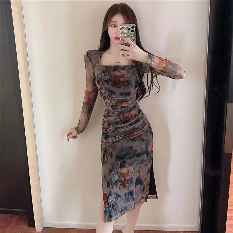여성용 긴 소매 꽃 프린트 드레스, 섹시한 스퀘어 칼라, 신축성 있는 메쉬 원피스, 스플릿 롱 바디콘 드레스, 용수철 가을