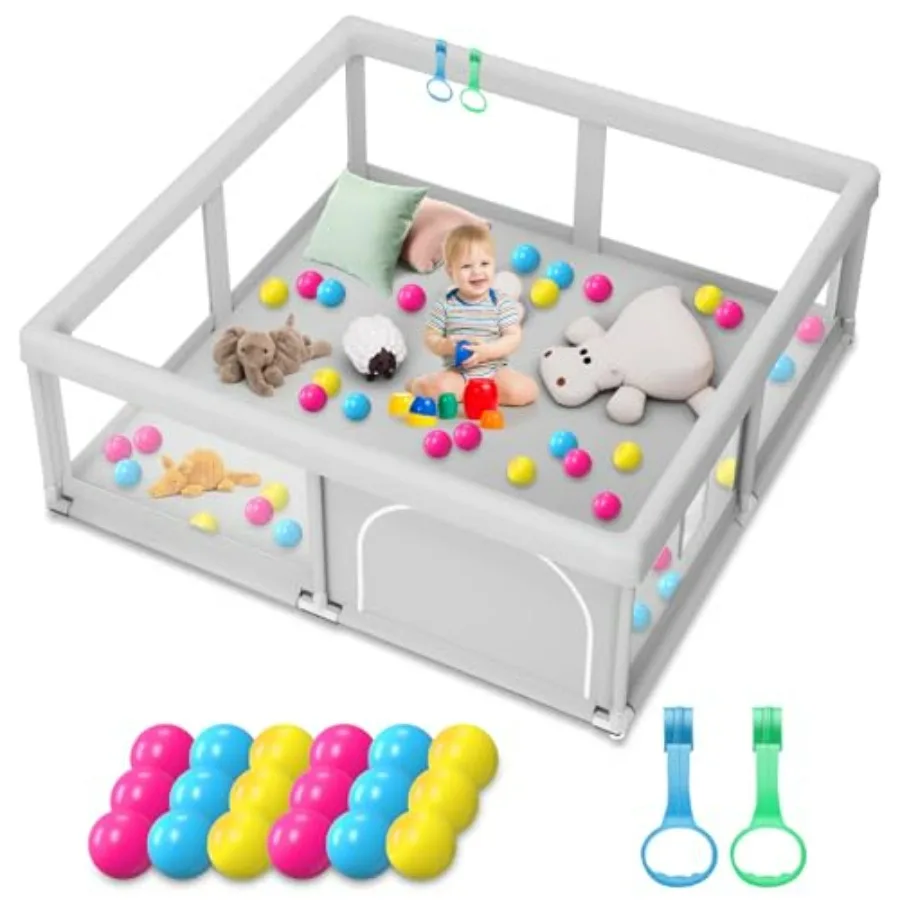 

Indoor Baby Playpen 50 x 50 inch with Soft Breathable Mesh and Pull Rings for Toddlers Sturdy Safety Play Yard with Balls Pink