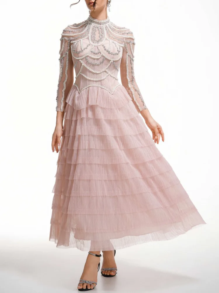 QMQA Fashion Women\'s Solid Beaded Design Dresses Round Neck High Waist Long Sleeve Elegant Dress Female Spring 2024 New 1A120