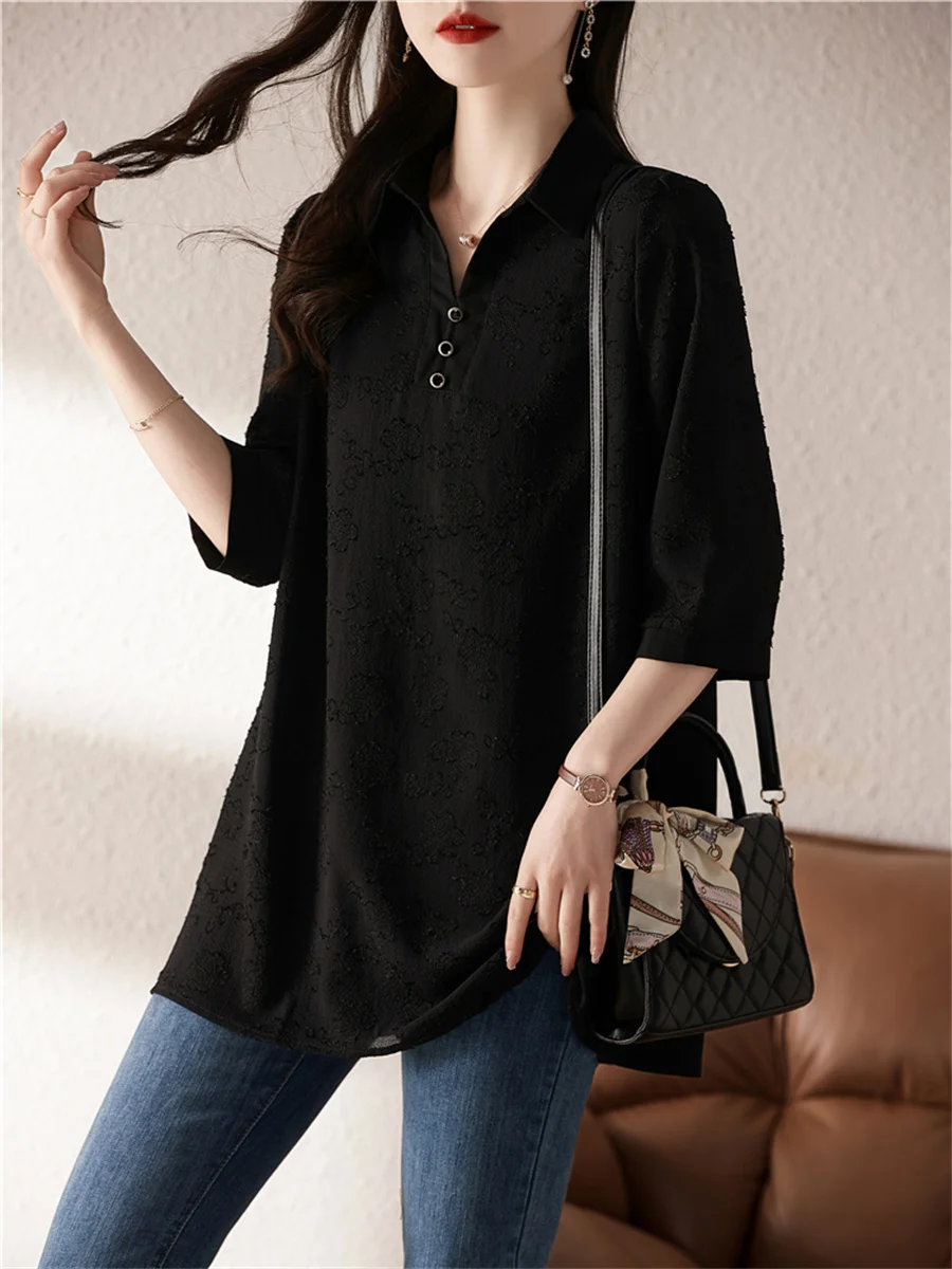 5XL Loose Women Spring Autumn Blouses Shirts Lady Fashion Casual Long Sleeve Turn-down Collar Black Blusas Tops CT0354