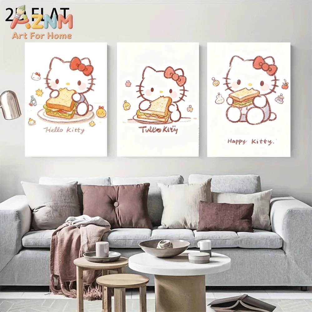 AZNM Hello Kitty Canvas Wall Art Unframed Cute Cartoon Print Poster Sandwich Food Red Bow Sketch Design for Girls Bedroom Living