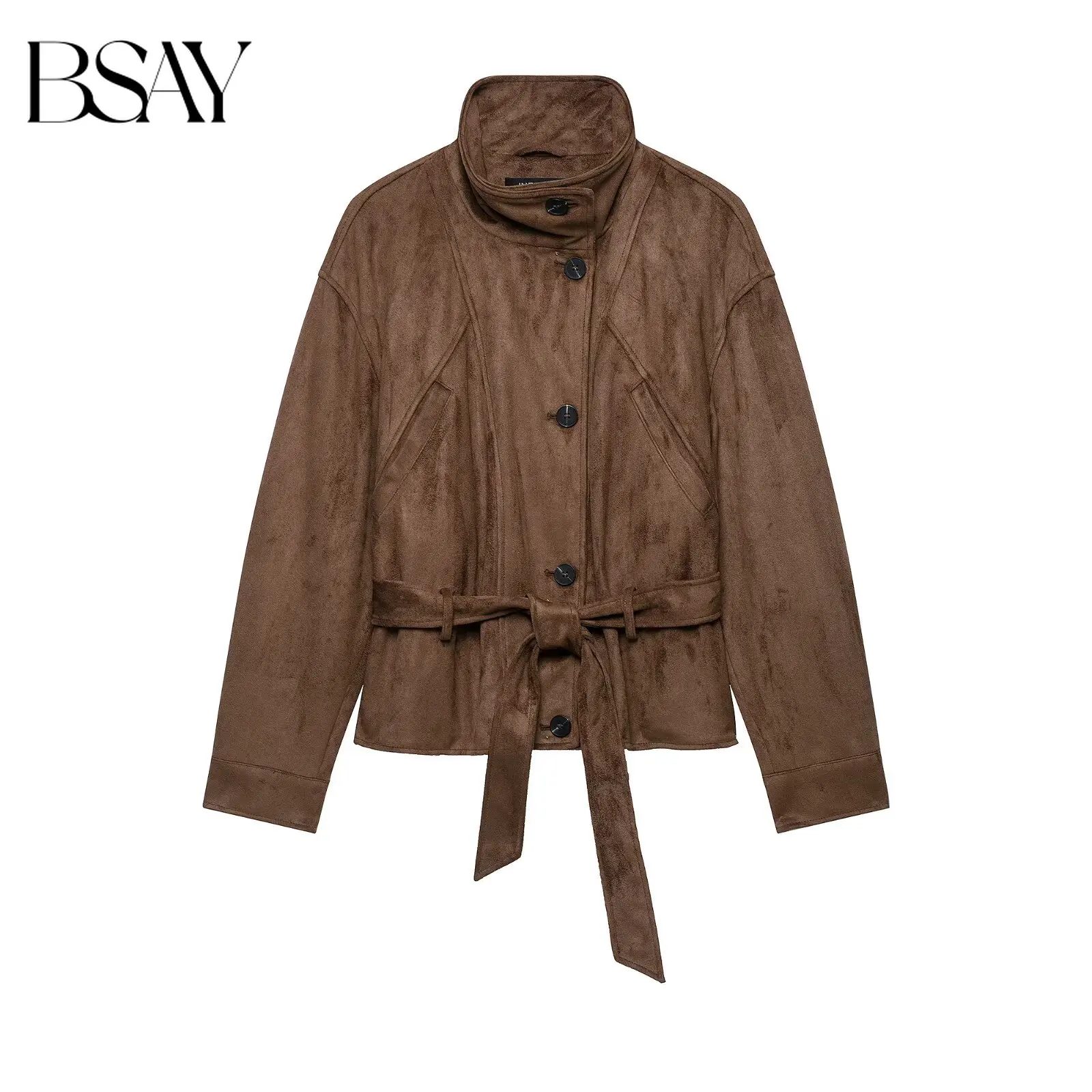 BSAY 2026 Autumn Women Faux Suede Jacket Stand Collar Button Front With Belt Long Sleeve Vintage Loose Fit Casual Outerwear Coat