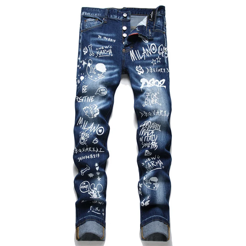 Printed Graffiti Cotton Bullet  Quadratic Slim Fit Fashion Hand Painted Street Personalized Men's Pants