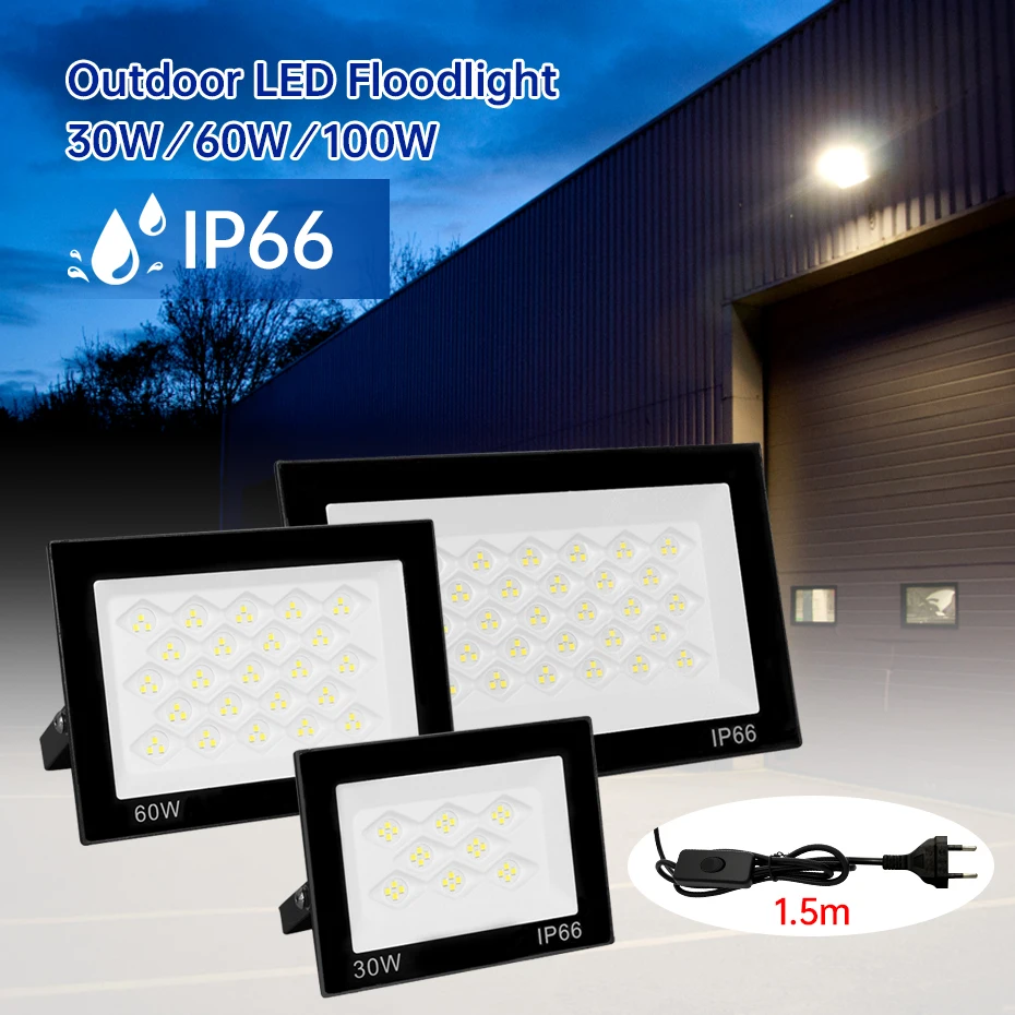 AC220V LED Floodlight 30W 60W 100W IP66 Waterproof Outdoor Reflector Street Lamp with EU/AU/UK Plug Switch for Garden Lighting