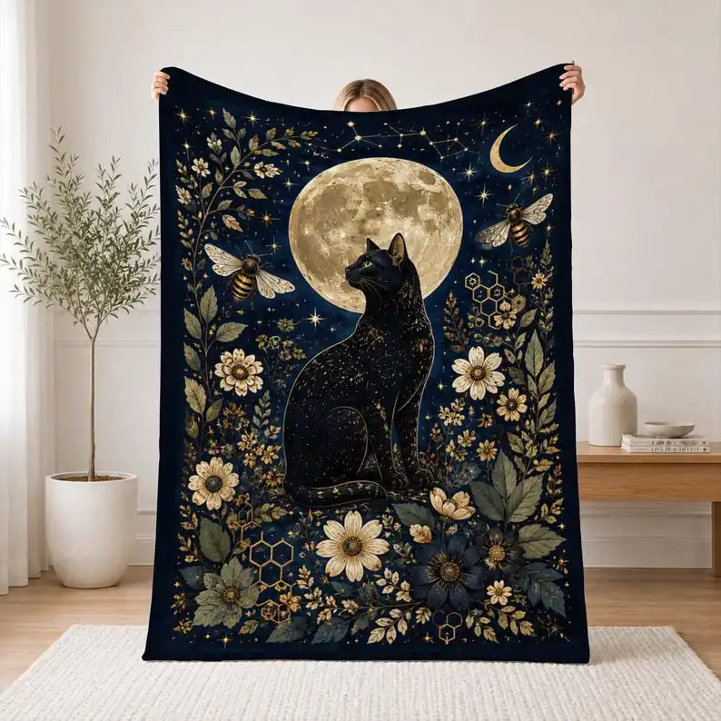 Black Cat Celestial Blanket, Mystical Moon and Botanical Velveteen Plush Blanket, Gothic Cat Lover Gift, Witchy Home Decor, moth blanket