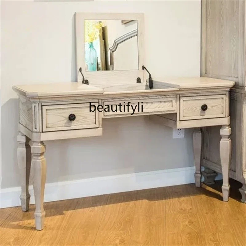 ss1001 American Country Solid Wood White Old Dresser French Retro Bedroom Flip Makeup Table Multifunctional Desk