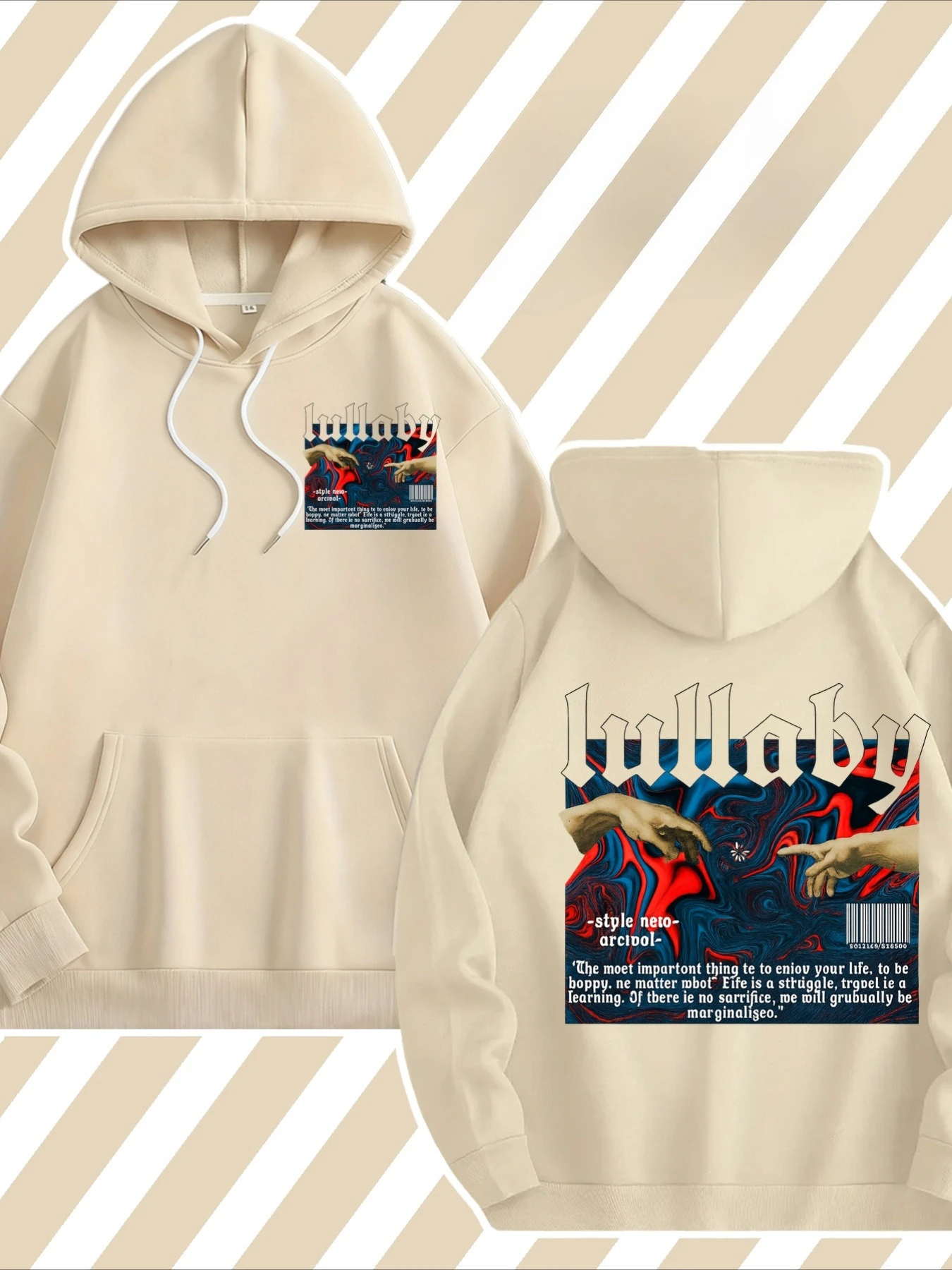 Adam creates a retro-style double-printed pattern hoodie. A casual streetwear long-sleeved hooded pullover.