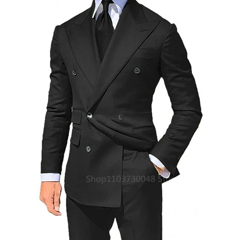 Fashion Solid Wedding Men Suits Slim Fit Peak Lapel Blazer Pants 2 Piece Formal Business Groom Wear Tuxedos Costume Homme