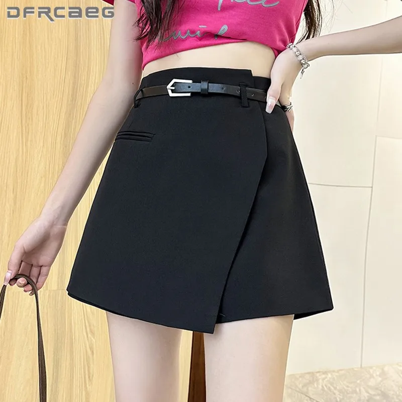 

High Waist Asymmetric Work Skirts Shorts With Belt 2023 Fall Preppy Style Gray Slim Office OL Wear Mini Short Pants Female