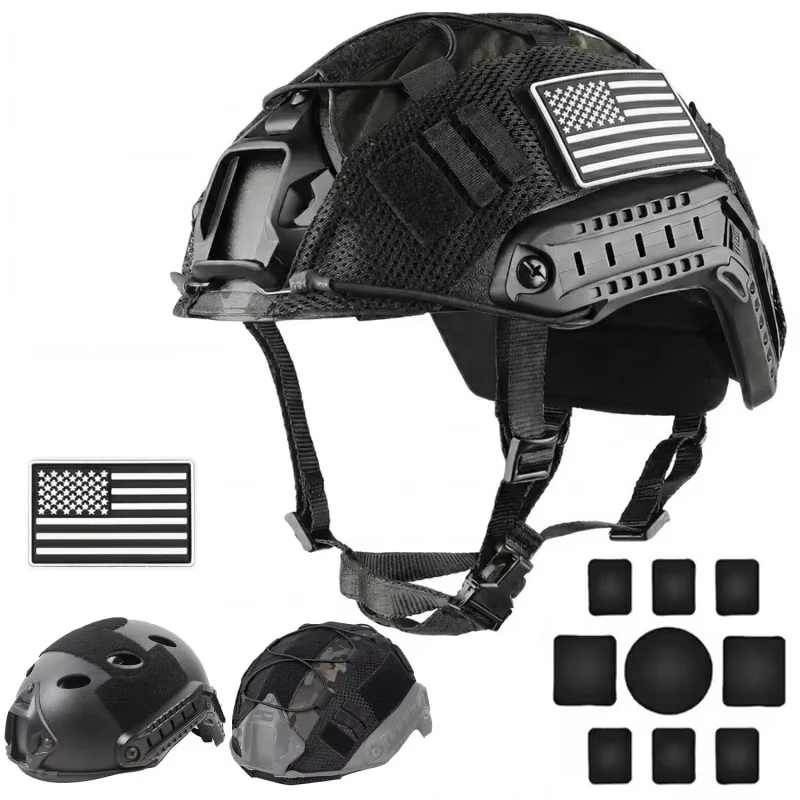 Tactical Fast PJ Helmet with Helmet Cover Pads Airsoft Paintball Combat Training Protection ABS Helmet with Magic Patches view 3