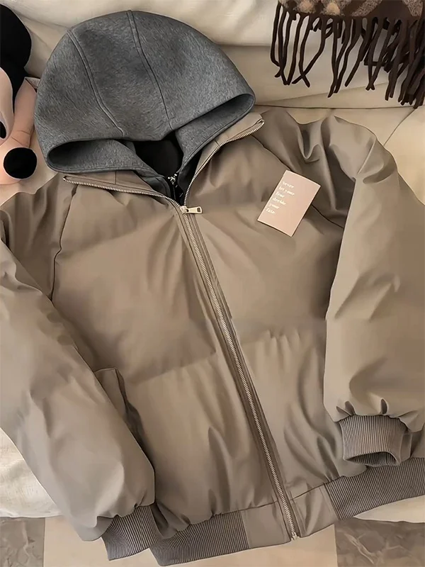 

American Sle ort Hooded Cotton Jaet Men's Winter Thi Warm Bread Sle PU Leather Cotton Coat Outerwear Trendy Brand