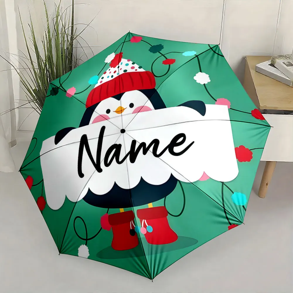 Custom Name Penguin-themed umbrella with festive design 8 Iron Ribs Folding Umbrella Auto-Open Fashionable Sunshade Deluxe Gift