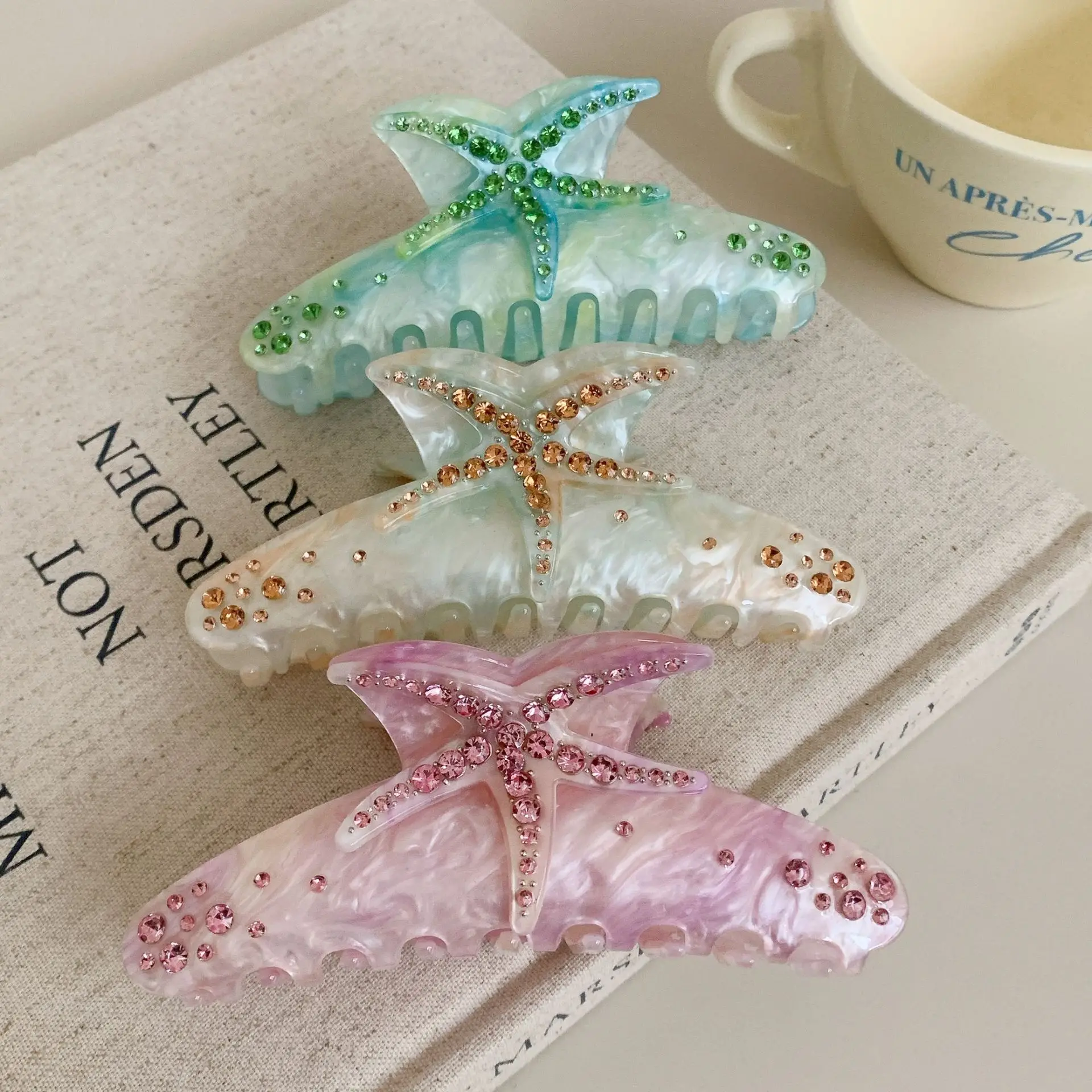 DS Summer Rhinestone Starfish Hair Claw Eco-friendly Acetate Claw Clips Beach Starfish Crab Hair Clip for Women Hair Accessories