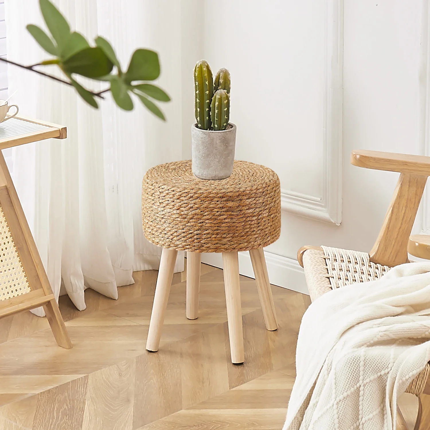 

Round Ottoman Footstool Natural Seagrass Foot Stool Pouf Ottomans with Solid Wood Legs Hand Weave Hyacinth Footrest Step Stool f