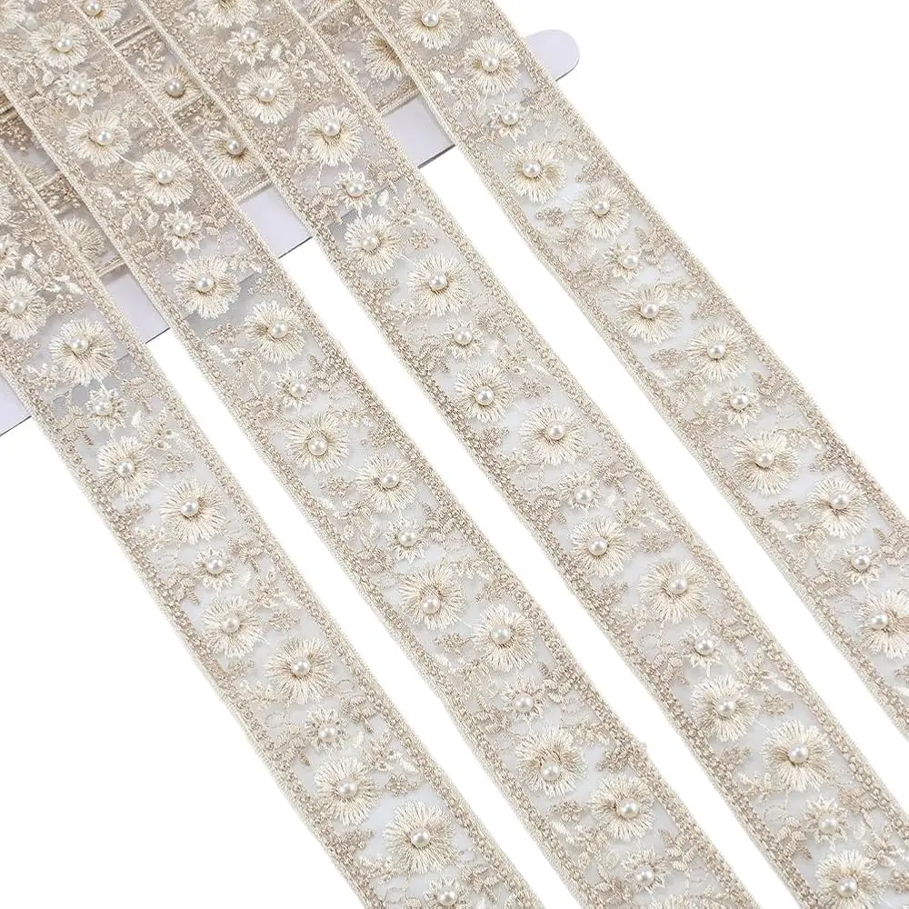 

Gold Jacquard Ribbon Yellow Flower Lace Trim Embroidery Flowers Daisy Pearl Beaded Floral Oganza Sheer Applique Trims for Sew