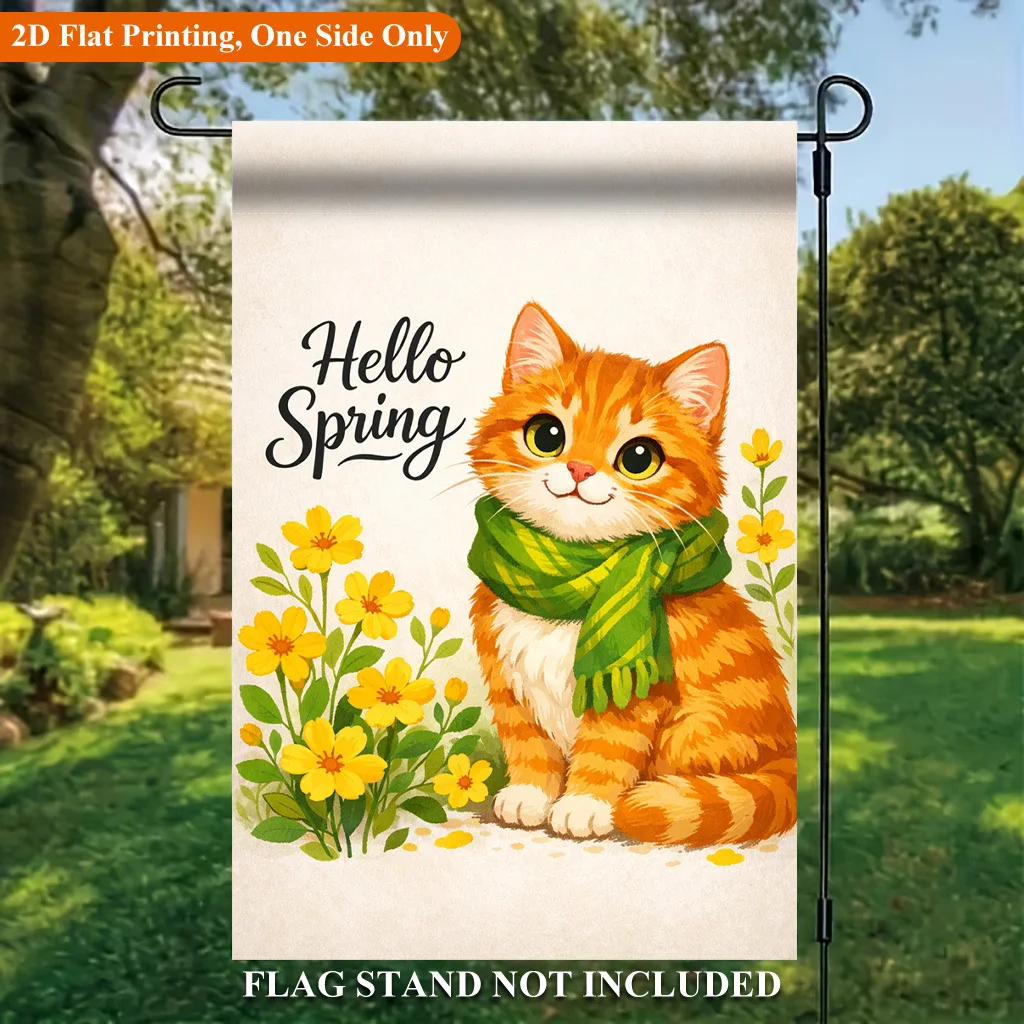 2D Flat Garden Flag 1 Piece, Spring Kitten Scarf Flower Cluster Holiday Yard Outdoor Flag for Outdoor Home and Yard Holiday Decor, Valentine's Day, Mother's Day, St. Patrick's Day, Easter Christmas, Thanksgiving, Halloween, Flagpole Free (Flags Only)