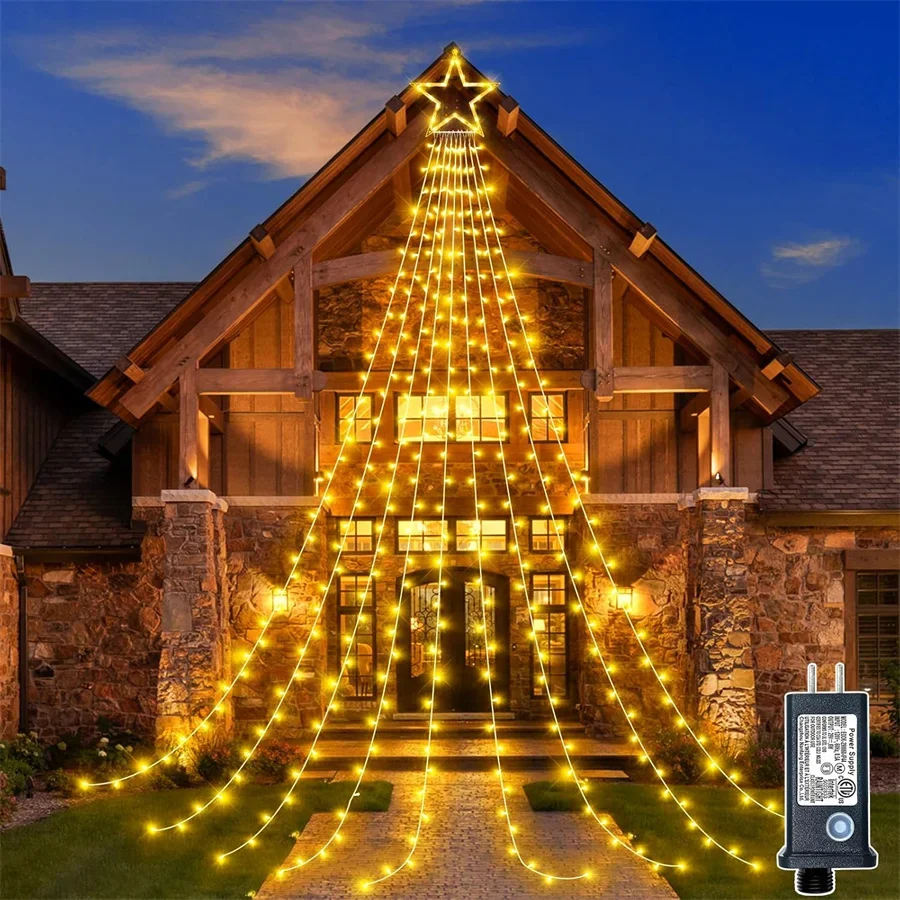 9x3,5 M decoraciones navideñas luces de cadena de estrellas 350 luces LED de árbol de cascada con estrella superior para decoración al aire libre de bodas y vacaciones