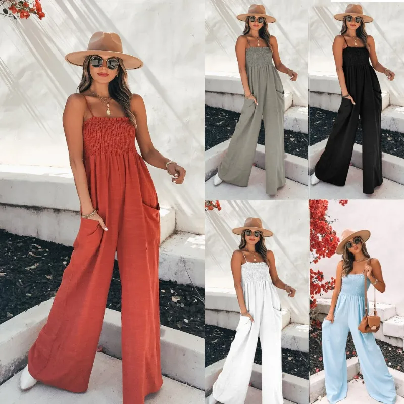 

Pants Women Europe and America Spring and Summer Sexy Suspenders Loose and Comfortable Leisure Spend One's Holidays Wide-leg