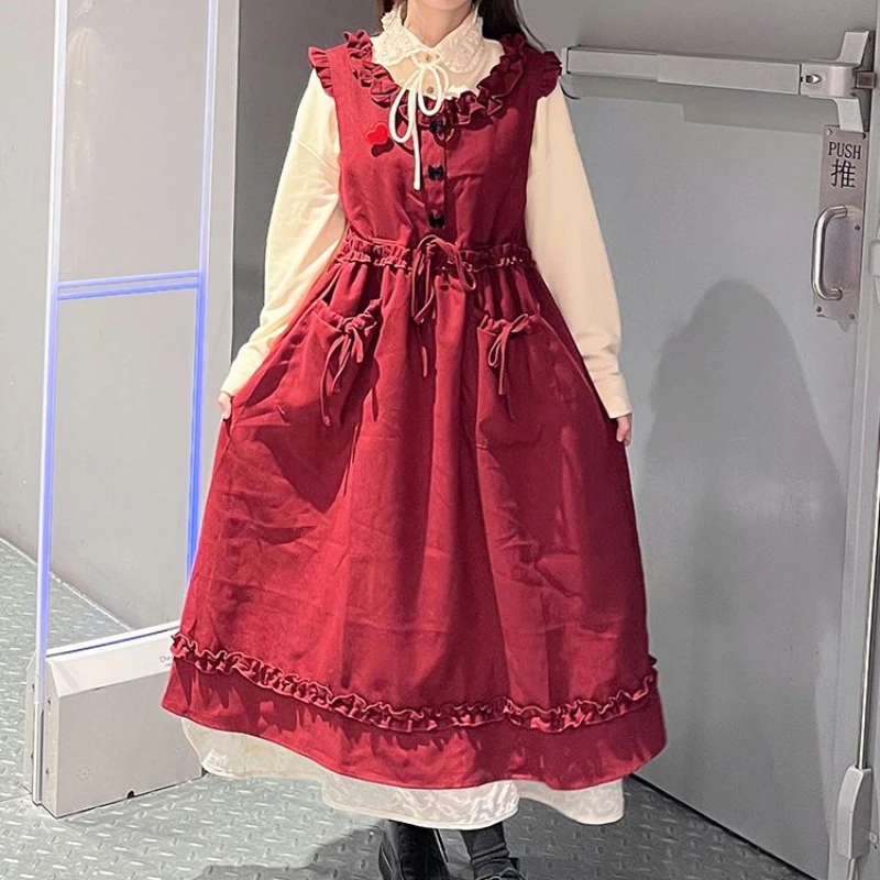 Women's Spring Autumn Vintage Sweet College Mori Girk Style Dress Loose Casual Wooden Ear Edge Red Vest Long Dresses with Shirt