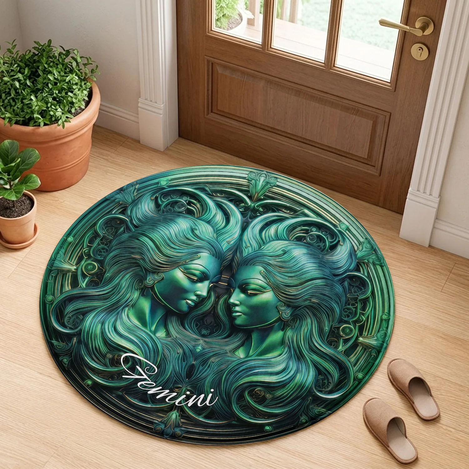 Gemini Constellation Zodiac Sign Twin Goddess Face Emerald Green Pattern Holiday Luxury Round Mat Area Rug Home Decor