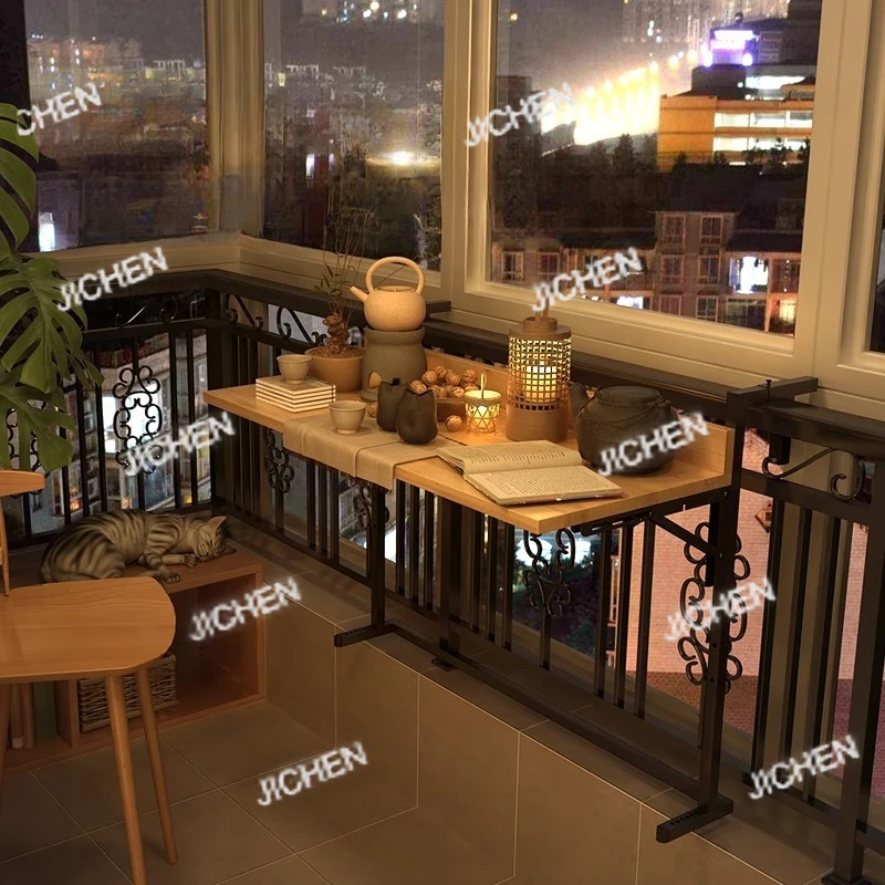 

JC складной балконный барный стол из тикового дерева, подвесная стойка для завтрака, прочные перила для ноутбука, рабочий стол, экономия места, остров, подставка для чая