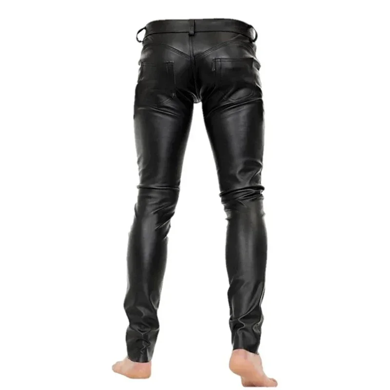 Men's Stretch Bodycon PU Trousers Matte Black Leather Motorcycle Pants with Pocket Low Waist Slim Pencil Pants Nightclub Costume