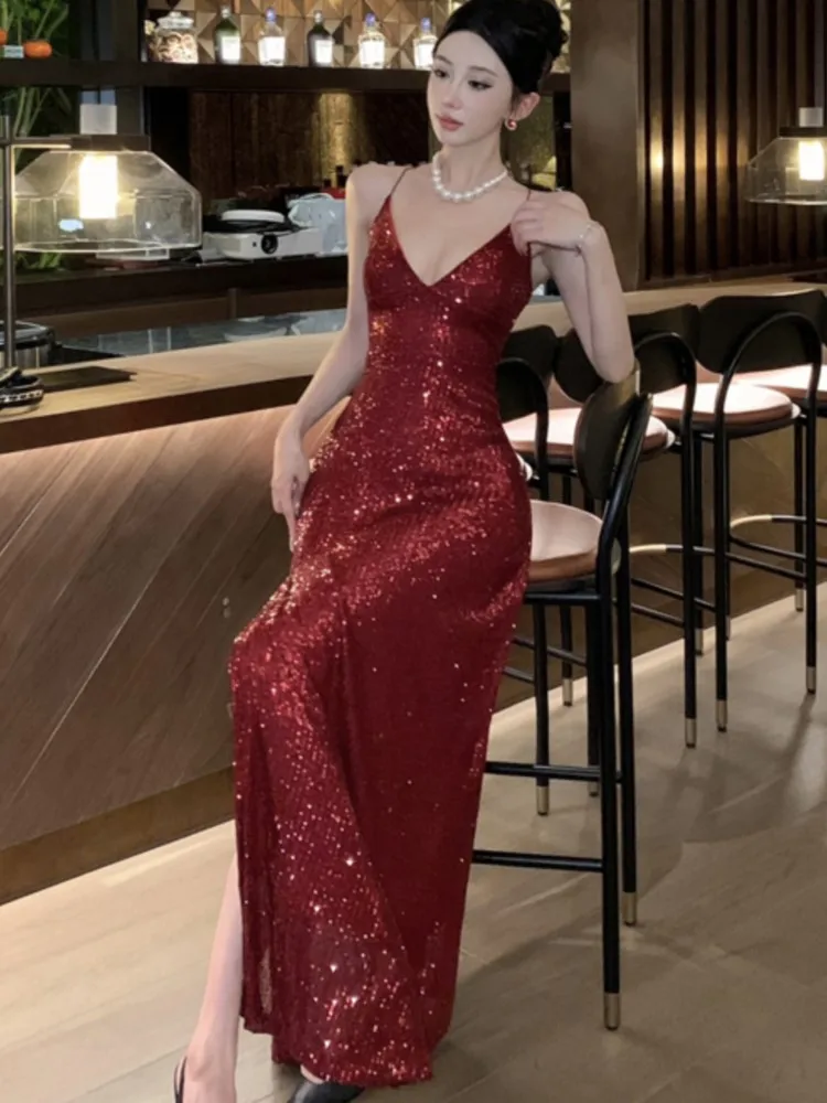 Elegante sem costas com decote em v split vestido de festa sexy magro vestido de luxo vestidos de noite moda robe festa de aniversário outono primavera novo