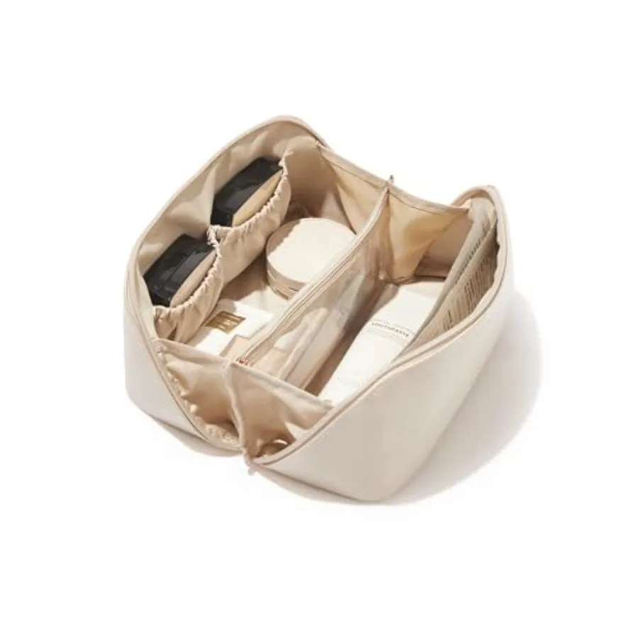 Travel Makeup Bag, Large Capacity Cosmetic Bag for Women, Waterproof PU Leather, Flat Open Portable Toiletry Bag for Skincare,