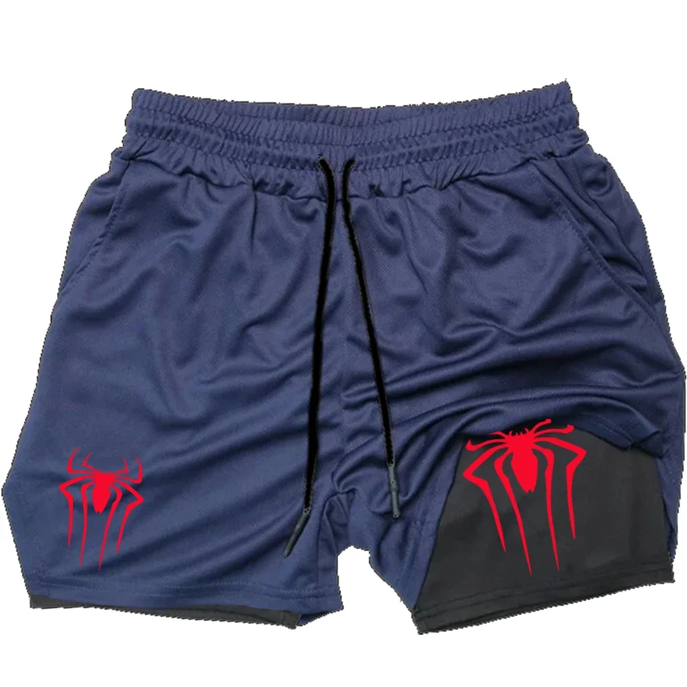 Y2K Performance Shorts Men Spider Printed GYM Casual Sports Compression Shorts Workout Running Mesh 2 In 1 Sport Short Pants