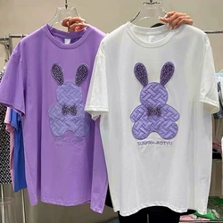 Harajuku Pure Cotton Purple Crystal Diamonds Rabbit Embroidery Cute T Shirts Kawaii Women Girls Loose Casual Tops Korean Fashion