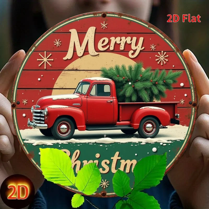لافتة معدنية مسطحة ثنائية الأبعاد، قطعة واحدة من ديكور جدار العطلة الدائري - شاحنة حمراء بتصميم شجرة عيد الميلاد، نص "عيد ميلاد سعيد"، ندفة الثلج الاحتفالية