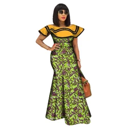 Bazin Riche African Print Dresses for Women Splice Ruffle Neck Long Maxi Dresses Dashiki African Women Clothing WY2550
