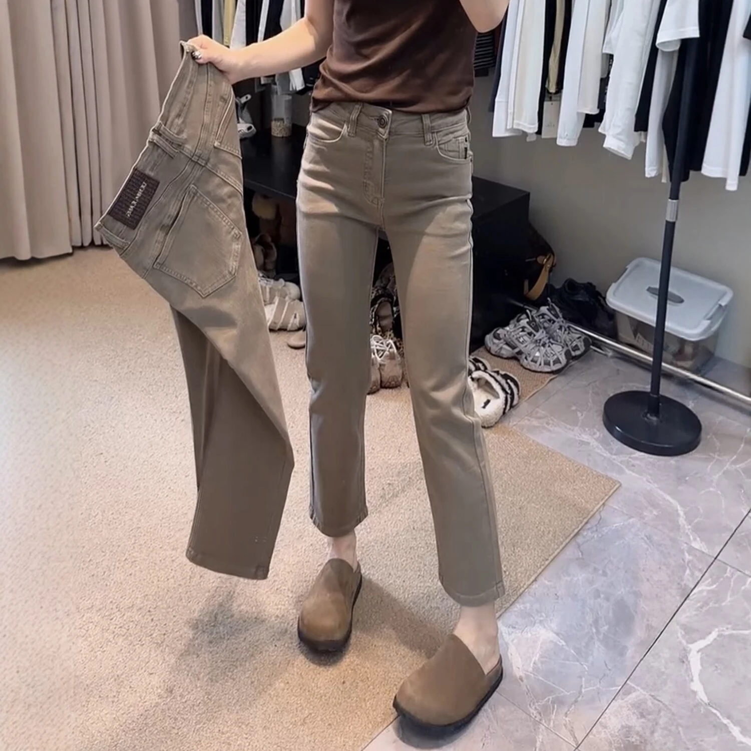 High Waist Elastic Cigarette Jeans Women's Small Size Slimming Nine Point Straight Leg Pants Casual Cotton Stretch Denim