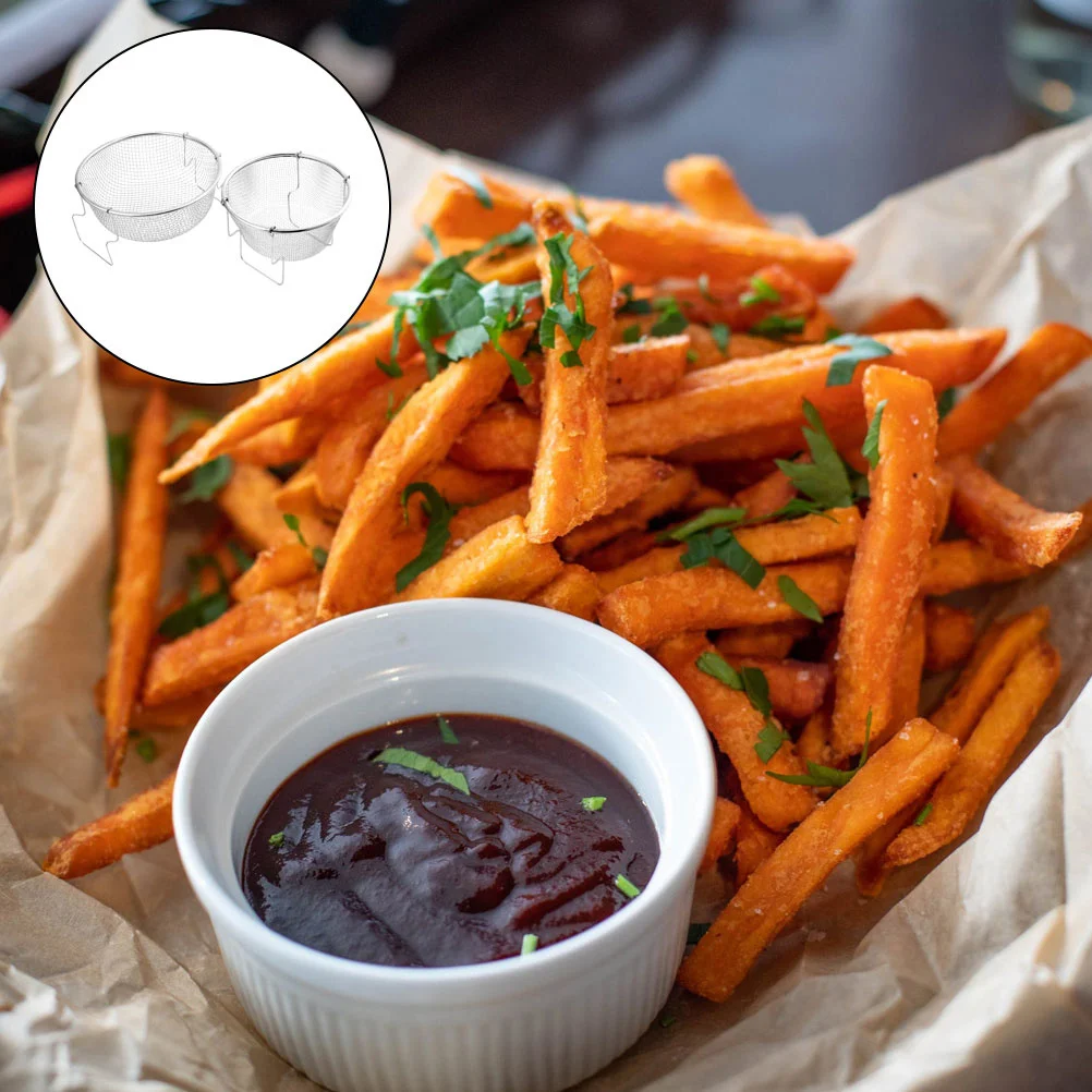 

2pcs Stainless Steel Frying Basket Heavy Duty Deep Fryer Strainer Dense Drain Holes Multi Purpose Kitchen Gadget For French