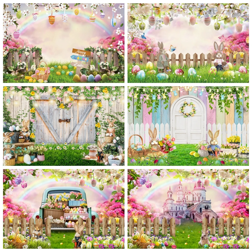 Spring Easter Photography Backdrop Rainbow Green Grass Flower Garden Bunny Eggs Kids Easter Party Decor Photo Studio Background