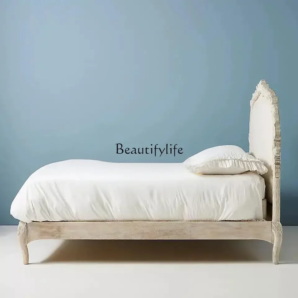 yj21  Hand-Carved French Solid Wood Princess Bed American Antique Relief Bird Fabric French Retro Double Soft Bed