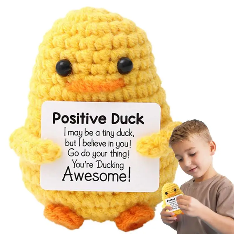 Handmade Wool Crocheting Duck Doll With Card Funny Positive Energy Crochet Duck Ornament Christams Gift Home Room Decoration