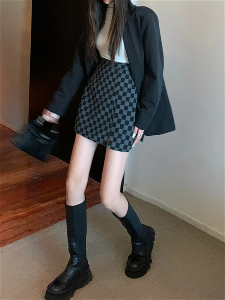 

Юбка А-силуэта с высокой талией и разрезом для женщин, весна 2026, в клетку, с запахом, короткая, в корейском стиле, для повседневной носки