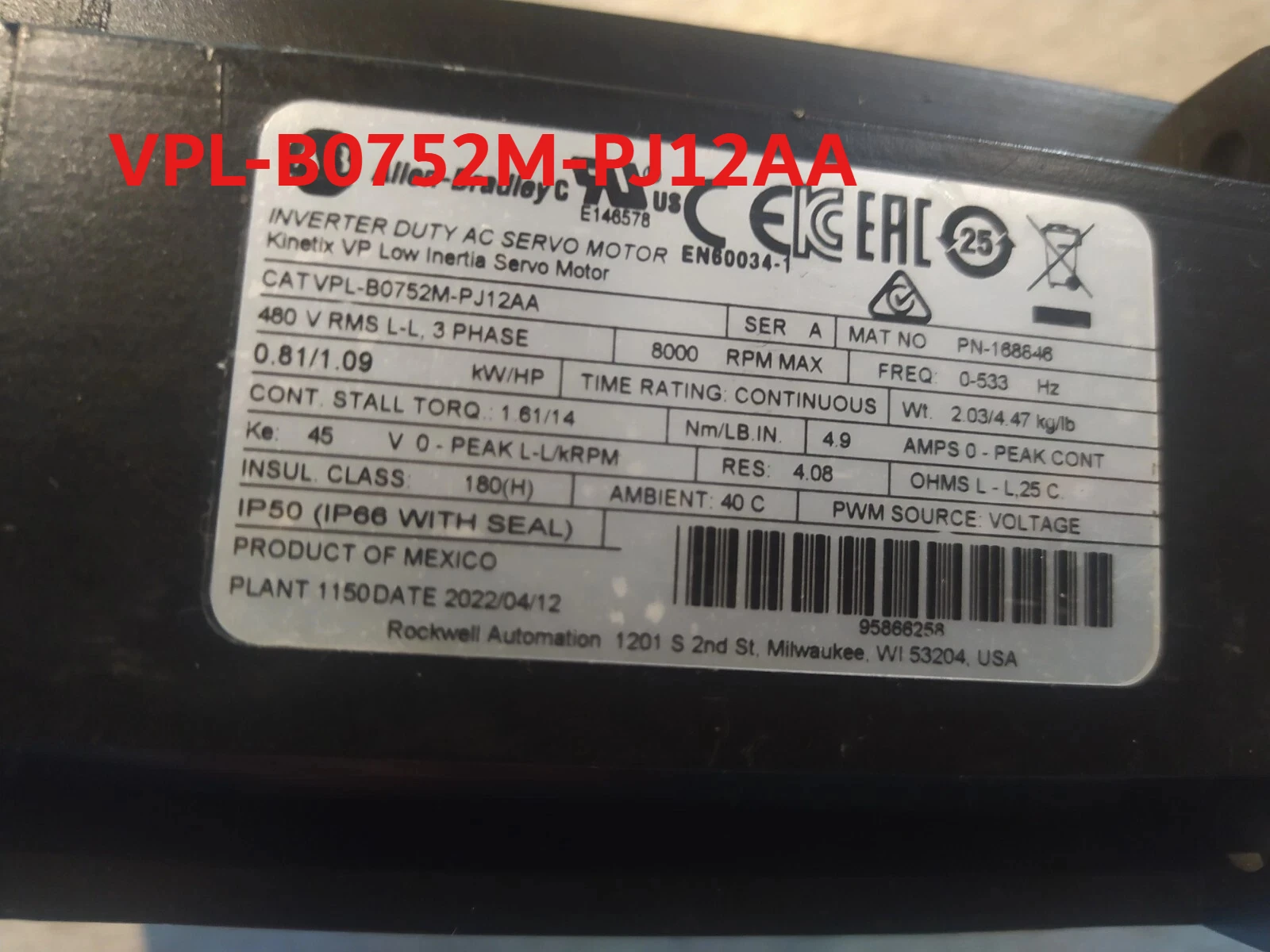 

VPL-B0752M-PJ12AA For Allen-Bradley VPL-B0752M-PJ12AA Servo Motor