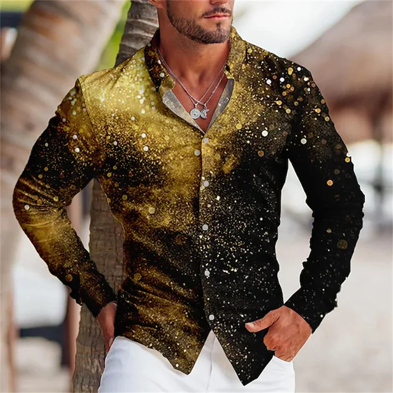 Hawaiian shirt men\'s shirt 3D gold dot print long sleeve shirt ball party V-neck oversize T-shirt summer dress new S-6XL