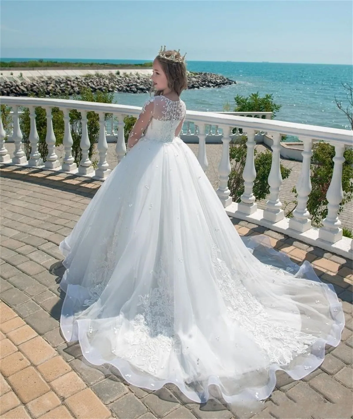 Vestido de tul blanco de manga larga para niña, apliques de flores para boda, longitud hasta el suelo, vestido de fiesta de cumpleaños eucarista para niño