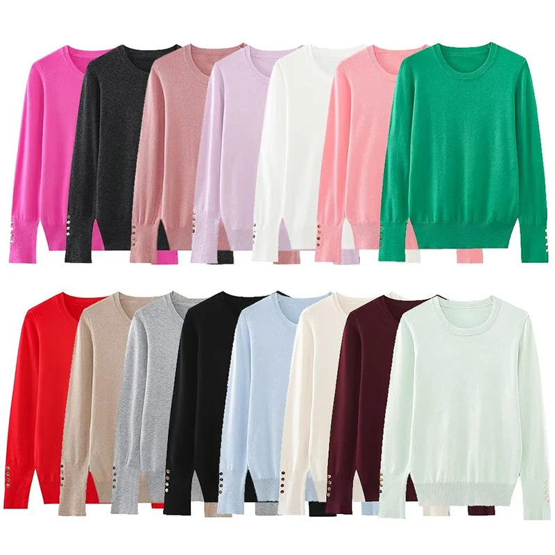 YENKYE Autumn Women Solid Round Neck Long Sleeve Basic Knit Sweater Casual Pullover Tops